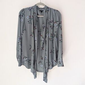 ANN TAYLOR Gray Floral chiffon Long Sleeve Tie Neck Top Size M
